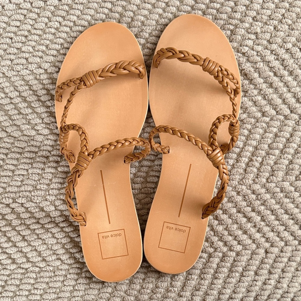 Dolce Vita Cognac Braided Leather Slide Sandals
